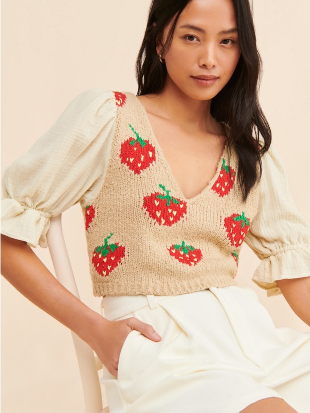 FREE PEOPLE Strawberry Jam Mixed Media Top